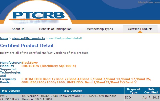 Phiên bản OS 10.3.1.2744 đã được PTCRB chứng nhận cho BlackBerry Classic